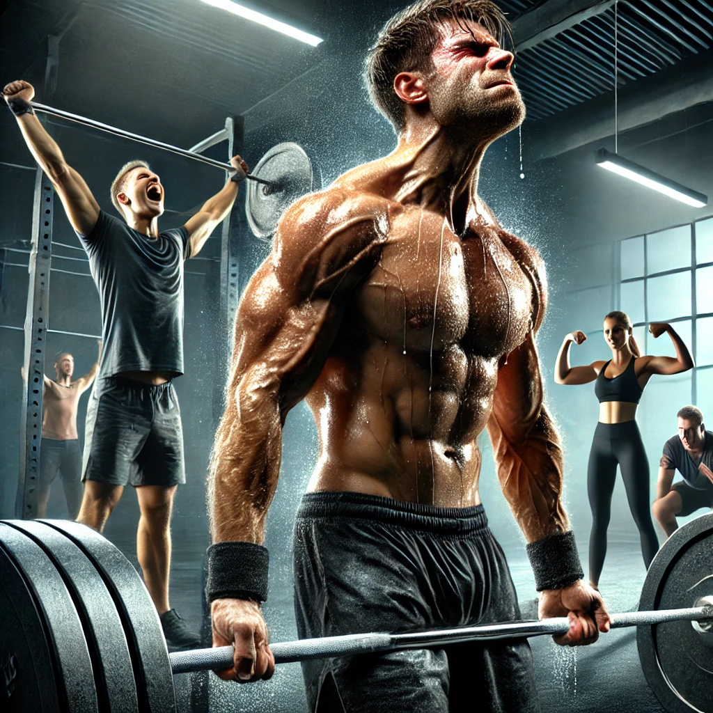 A dramatic, photo-realistic gym scene of a lifter mid-exertion, muscles flexed and sweat pouring, after missing a PR. Behind, successful athletes are thriving. The style captures raw emotion and tension in a fitness journey, showcasing the contrast of failure and success in a modern gym setting.