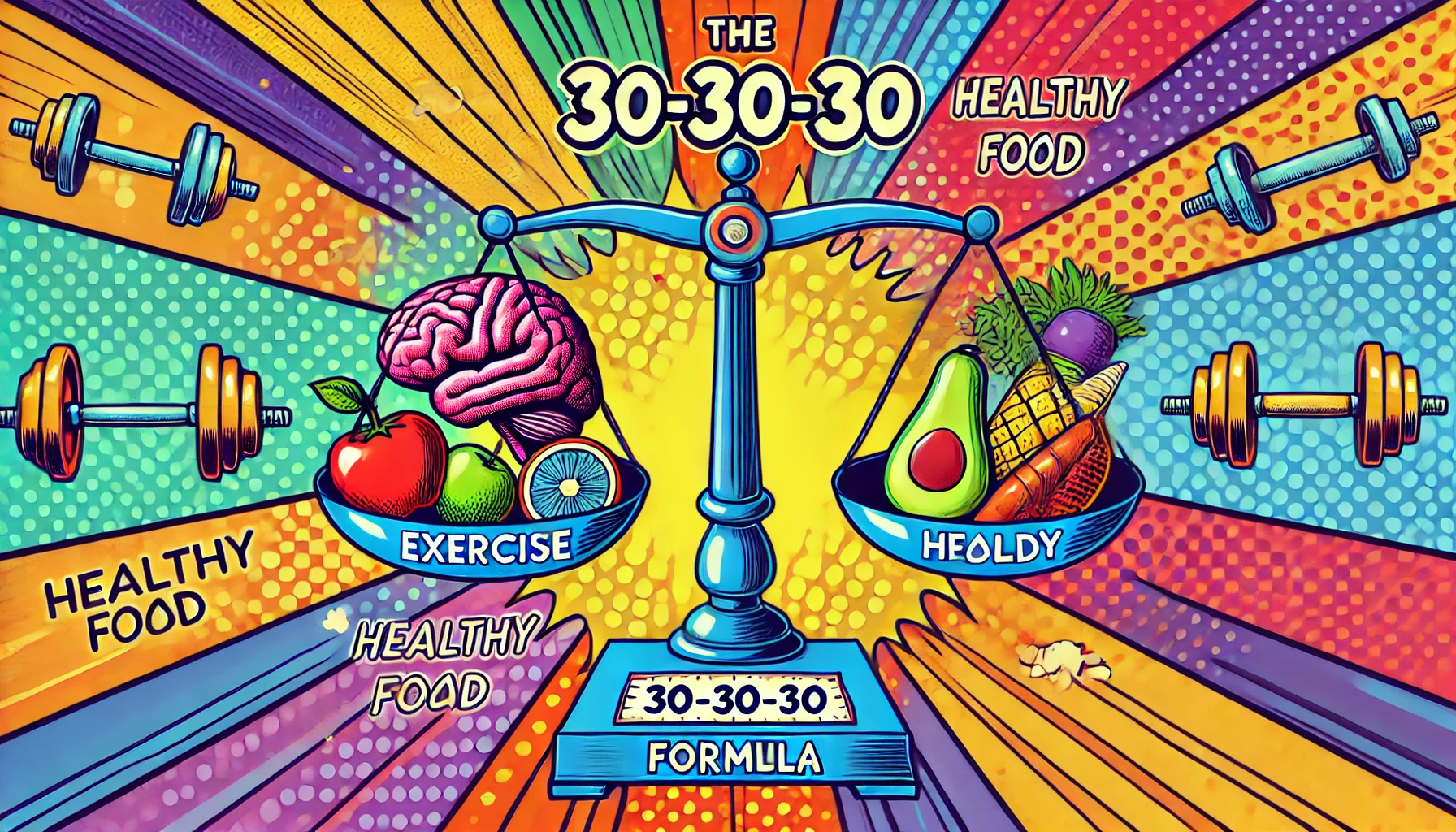 Pop art style illustration of the 30-30-30 weight loss formula featuring a colorful balance scale, with exercise equipment on one side, healthy food on the other, and a brain in the middle, bold lines, retro feel, and vibrant typography in a dynamic, eye-catching design.