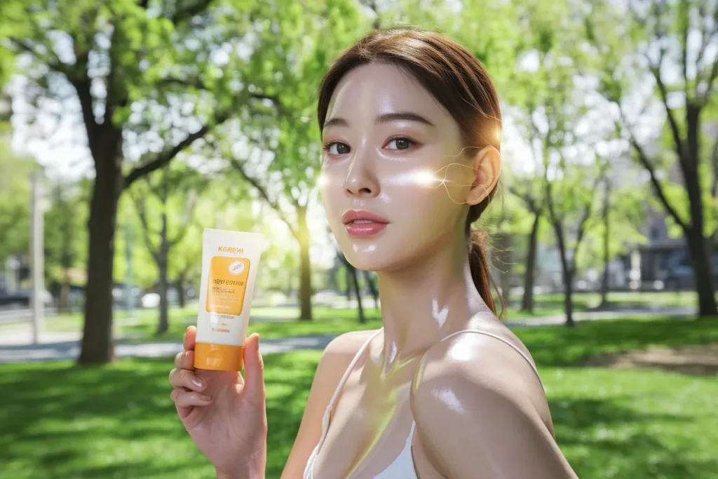 A woman displays a tube of sunscreen, highlighting its importance for various skin types in sun protection. 